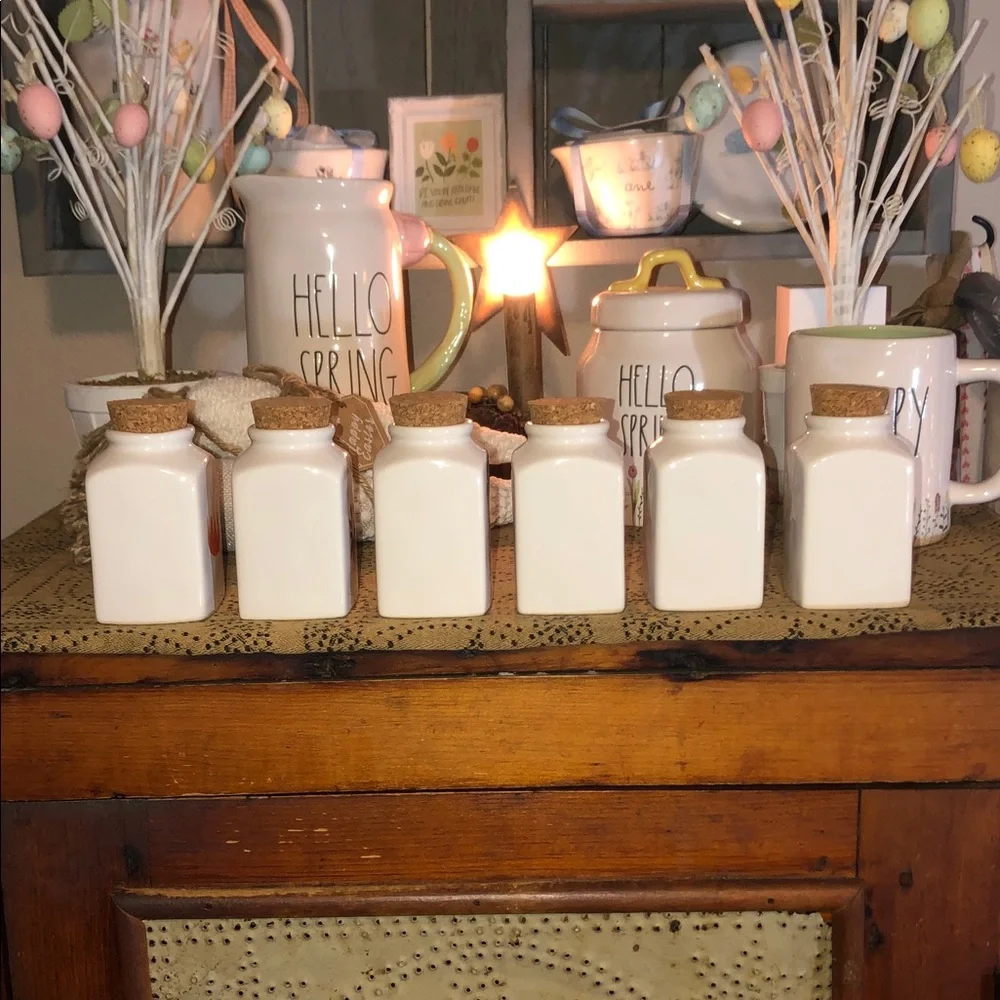 Rae Dunn Cream Ceramic Spice Jars with Colorful Floral Accents